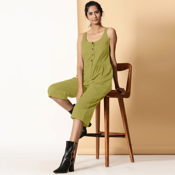Front View of a Model wearing Green Cotton Flax Button-Down Midi Jumpsuit