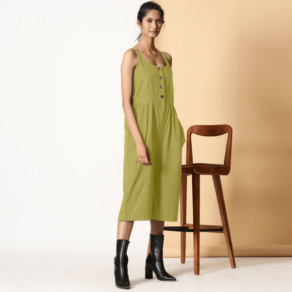 Right View of a Model wearing Green Cotton Flax Button-Down Midi Jumpsuit