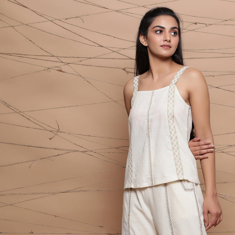 Front View of a Model wearing Undyed Handspun Strappy Tank Top