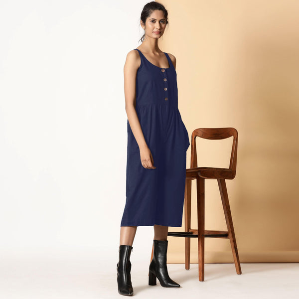 Right View of a Model wearing Navy Blue Cotton Flax Button-Down Midi Jumpsuit