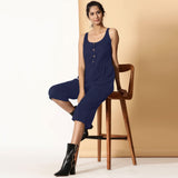 Front View of a Model wearing Navy Blue Cotton Flax Button-Down Midi Jumpsuit
