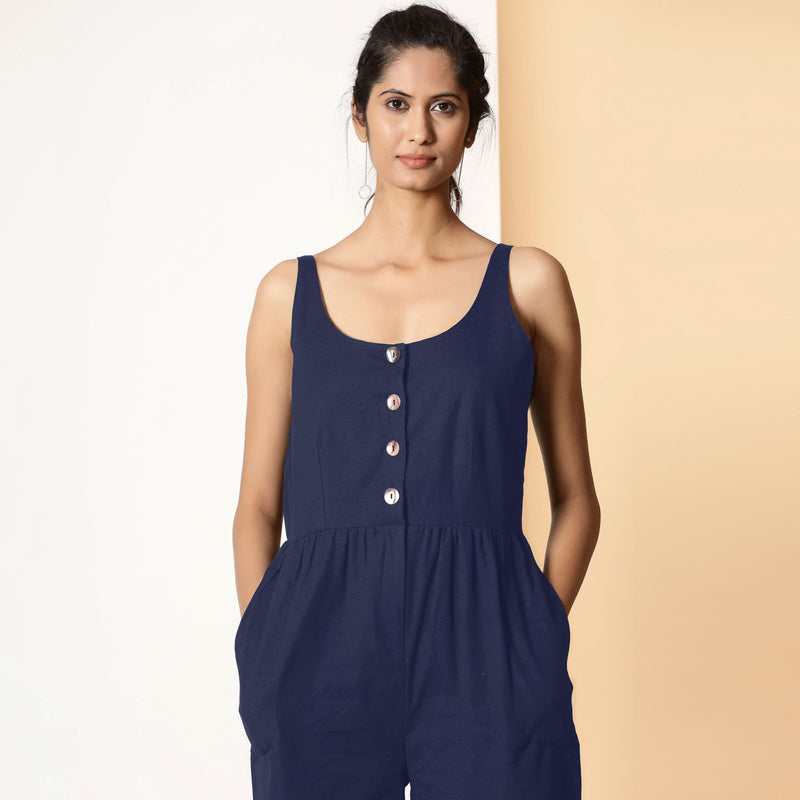 Front Detail of a Model wearing Navy Blue Cotton Flax Button-Down Midi Jumpsuit
