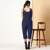 Back View of a Model wearing Navy Blue Cotton Flax Button-Down Midi Jumpsuit
