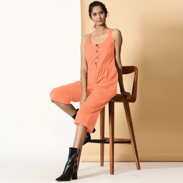 Front View of a Model wearing Peach Cotton Flax Button-Down Midi Jumpsuit