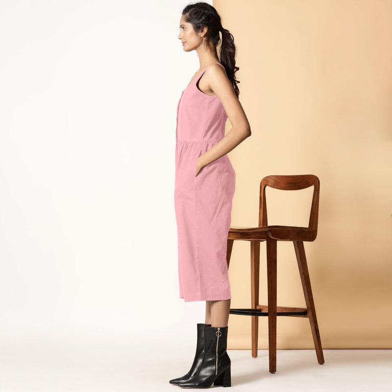 Left View of a Model wearing Chic Pink Cotton Button-Down Jumpsuit