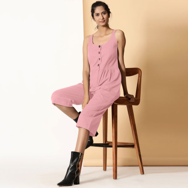 Front View of a Model wearing Chic Pink Cotton Button-Down Jumpsuit