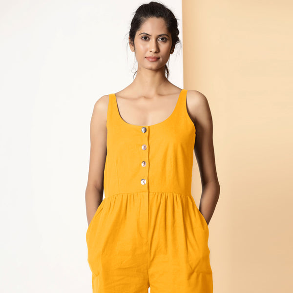 Front Detail of a Model wearing Yellow Cotton Flax Button-Down Midi Jumpsuit