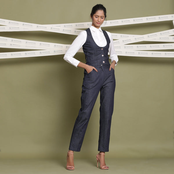 Front View of a Model wearing Classic White and Indigo 3-Piece Set