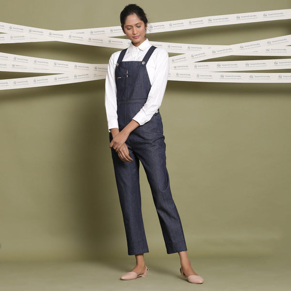 Front View of a Model wearing Classic White Shirt and Indigo Dungaree Set