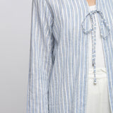 Front Detail of a Model wearing Blue And White Striped V-Neck Shrug