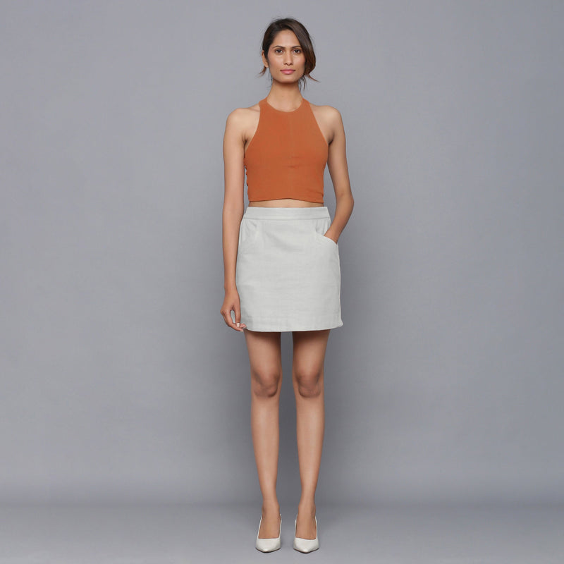 Front View of a Model wearing Cloudy Grey Flannel Mini Pencil Skirt