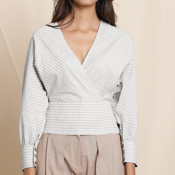 Front Detail of a Model wearing Cloudy Grey Striped Surplice Neck Blouson Top