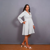Cloudy Grey Warm Cotton Flannel Fit and Flare Knee Length Blazer Dress
