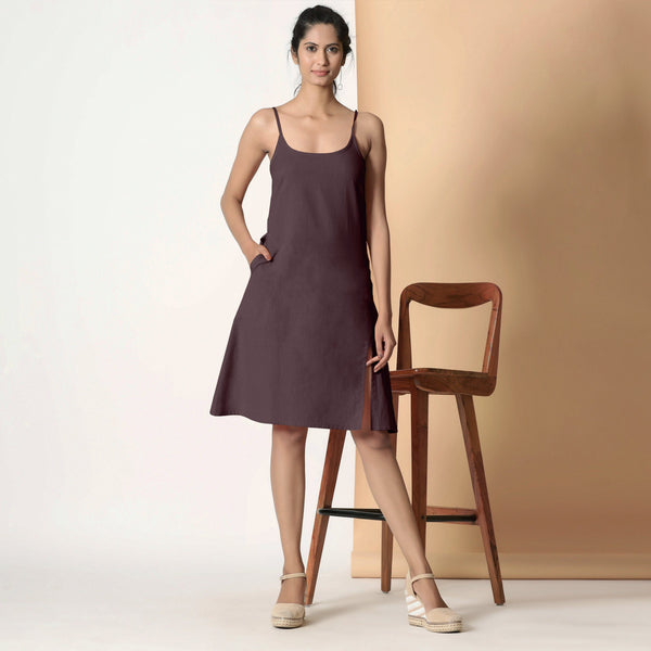 Front View of a Model wearing Cocoa Brown Cotton Flax Strappy Slit Dress