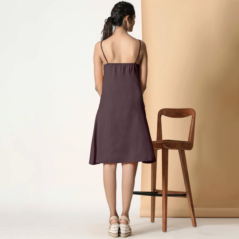 Back View of a Model wearing Cocoa Brown Cotton Flax Strappy Slit Dress