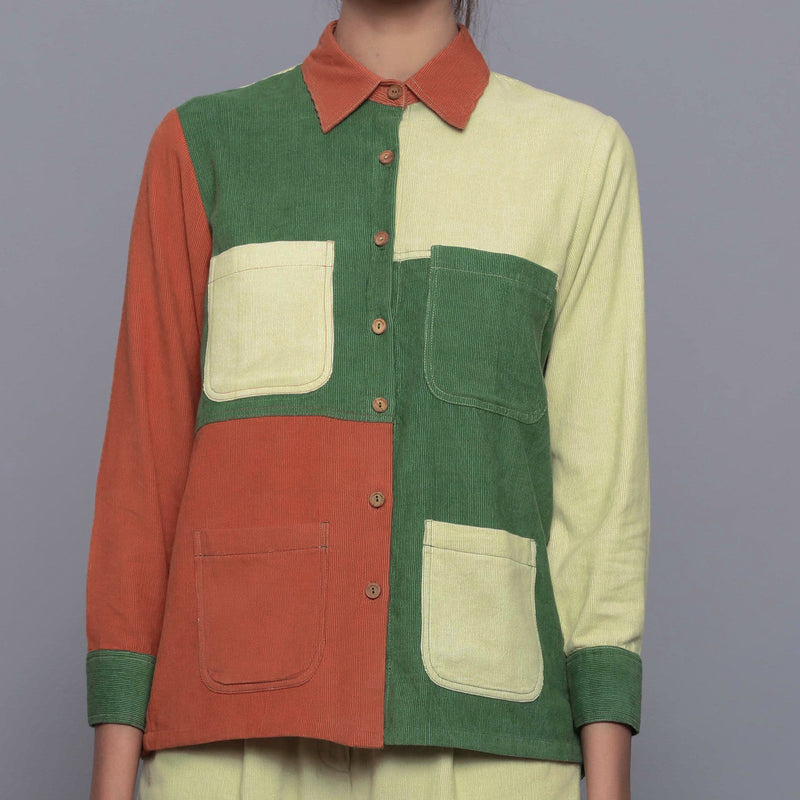 Front Detail of a Model wearing Color-Blocked Cotton Corduroy Shirt