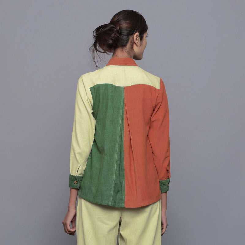 Back View of a Model wearing Color-Blocked Cotton Corduroy Shirt