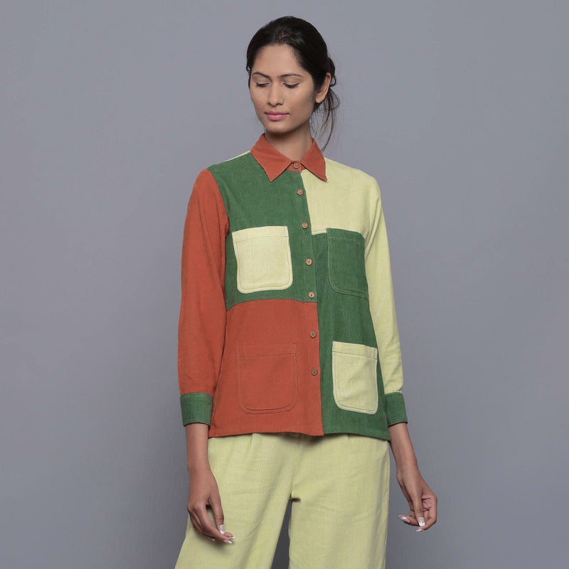 Front View of a Model wearing Color-Blocked Cotton Corduroy Shirt