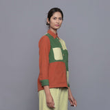 Right View of a Model wearing Color-Blocked Cotton Corduroy Shirt