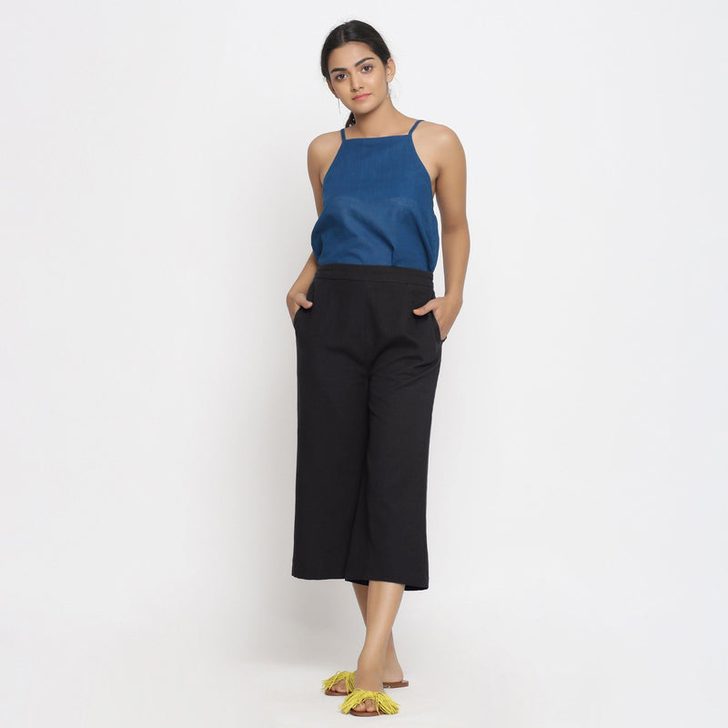 Front View of a Model wearing Comfort Fit Black Cotton Flax Culottes
