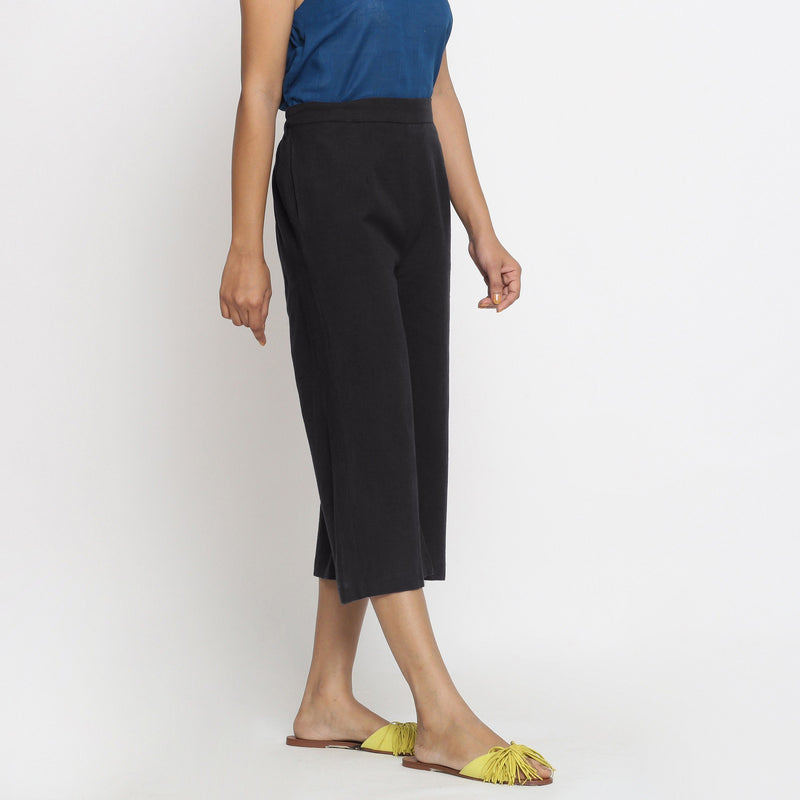 Right View of a Model wearing Comfort Fit Black Cotton Flax Culottes