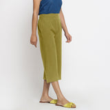 Right View of a Model wearing Comfort Fit Olive Green Cotton Flax Culottes