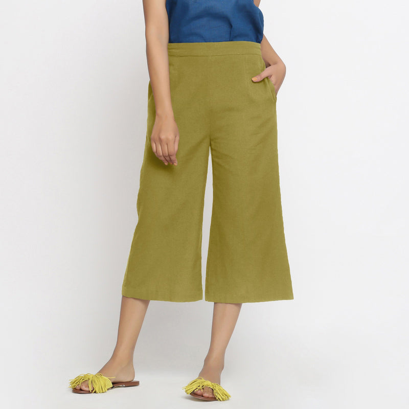 Front View of a Model wearing Comfort Fit Olive Green Cotton Flax Culottes