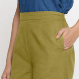 Front Detail of a Model wearing Comfort Fit Olive Green Cotton Flax Culottes
