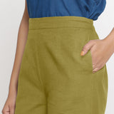 Front Detail of a Model wearing Comfort Fit Olive Green Cotton Flax Culottes