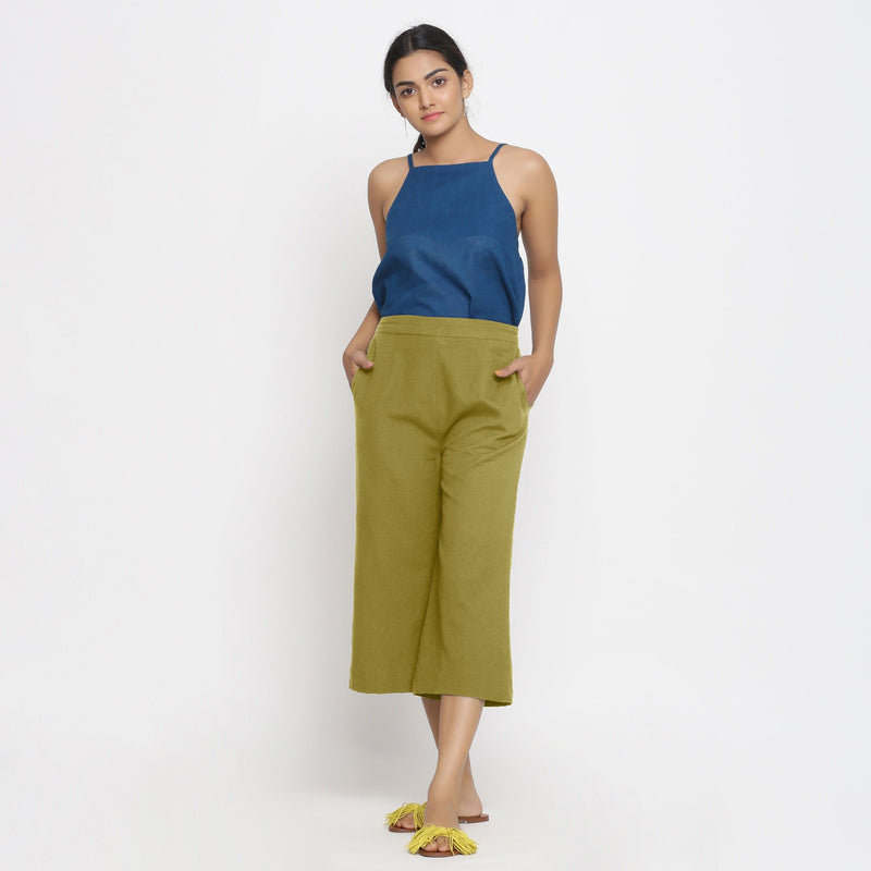 Front View of a Model wearing Comfort Fit Olive Green Cotton Flax Culottes