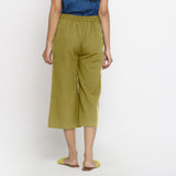 Back View of a Model wearing Comfort Fit Olive Green Cotton Flax Culottes