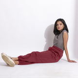 Left View of a Model wearing Comfy Barn Red Cotton Waffle Jogger Pants