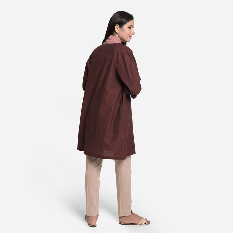Back View of a Model wearing Brown Shawl Collar Cotton Outerwear