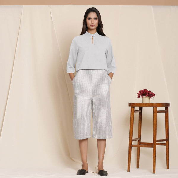 Front View of a Model wearing Comfy Cotton Cloudy Grey Yoked Jumpsuit