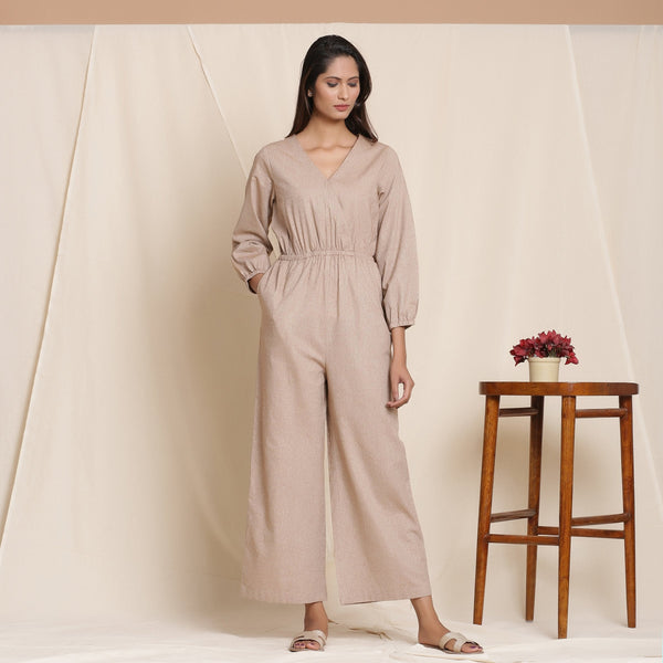 Front View of a Model wearing Dusk Brown Cotton Elasticated Surplice Neck Overalls Jumpsuit