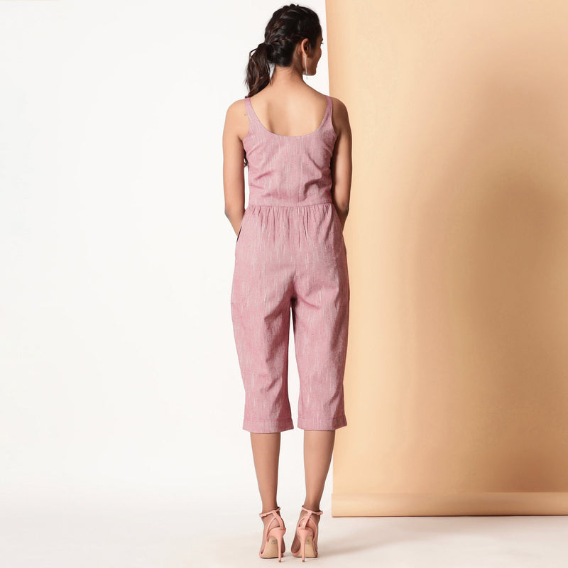 Back View of a Model wearing Comfy Cotton Sleeveless Button-Down Jumpsuit