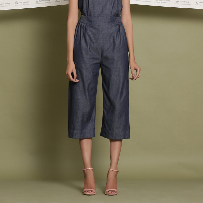 Front View of a Model wearing Comfy Indigo Cotton Denim Culottes