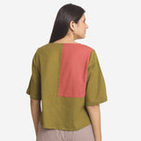 Back View of a Model wearing Khaki Green and Brick Red Relaxed Fit Top