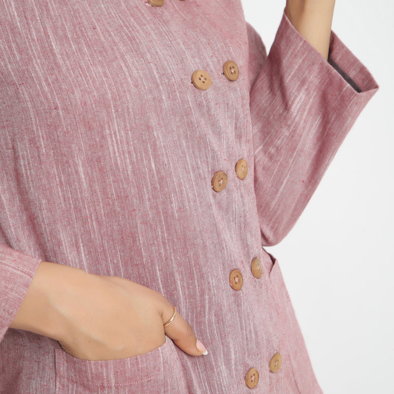 Front Detail of a Model wearing Pink Cotton Flax Button-Down Jacket
