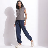 Front View of a Model wearing Comfy Navy Blue Cotton Waffle Jogger Pant