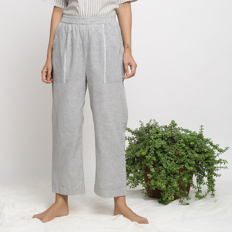 Front View of a Model Wearing Checkered Handspun Pull-On Straight Fit Pant
