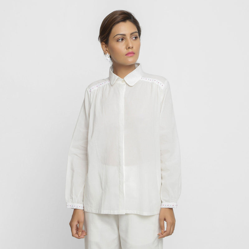 Front View of a Model wearing White Cotton Lined Button-Down Top