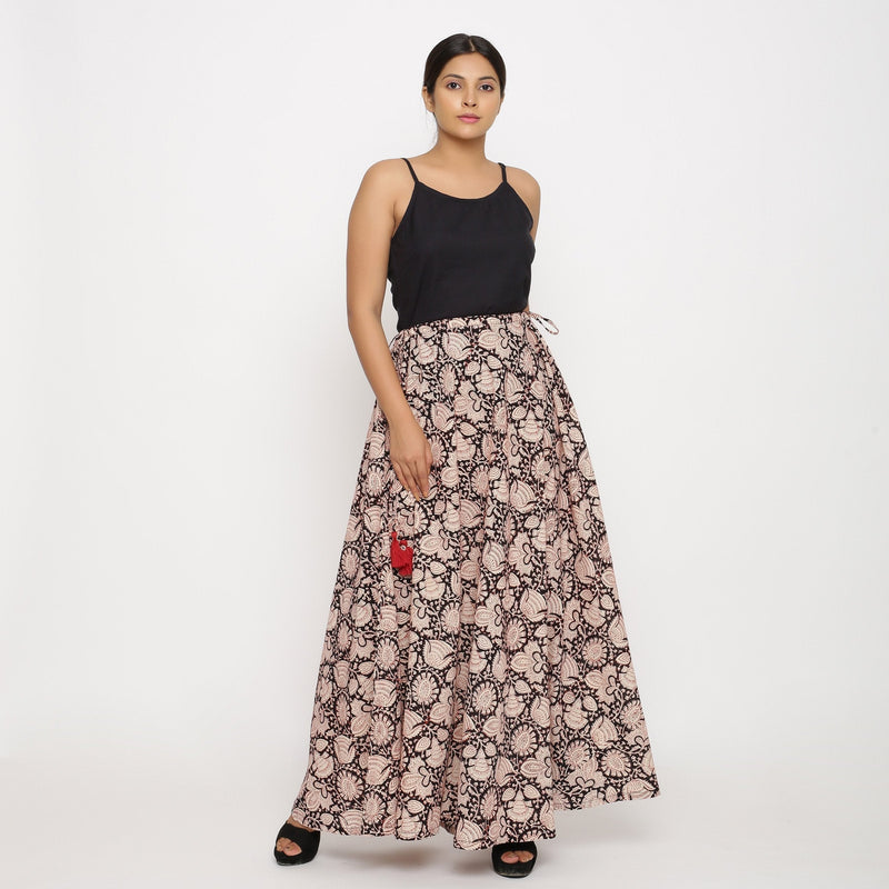 Front View of a Model wearing Convertible Block Print 3-Way Beige Cotton Skirt Dress