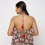 Back View of a Model wearing Convertible Block Print 3-Way Beige Cotton Skirt Dress