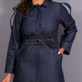 Front Detail of a Model wearing Convertible Indigo Cotton Denim Button-Down Overlay Dress