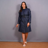 Front View of a Model wearing Convertible Indigo Cotton Denim Button-Down Overlay Dress