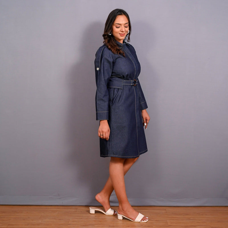 Right View of a Model wearing Convertible Indigo Cotton Denim Button-Down Overlay Dress