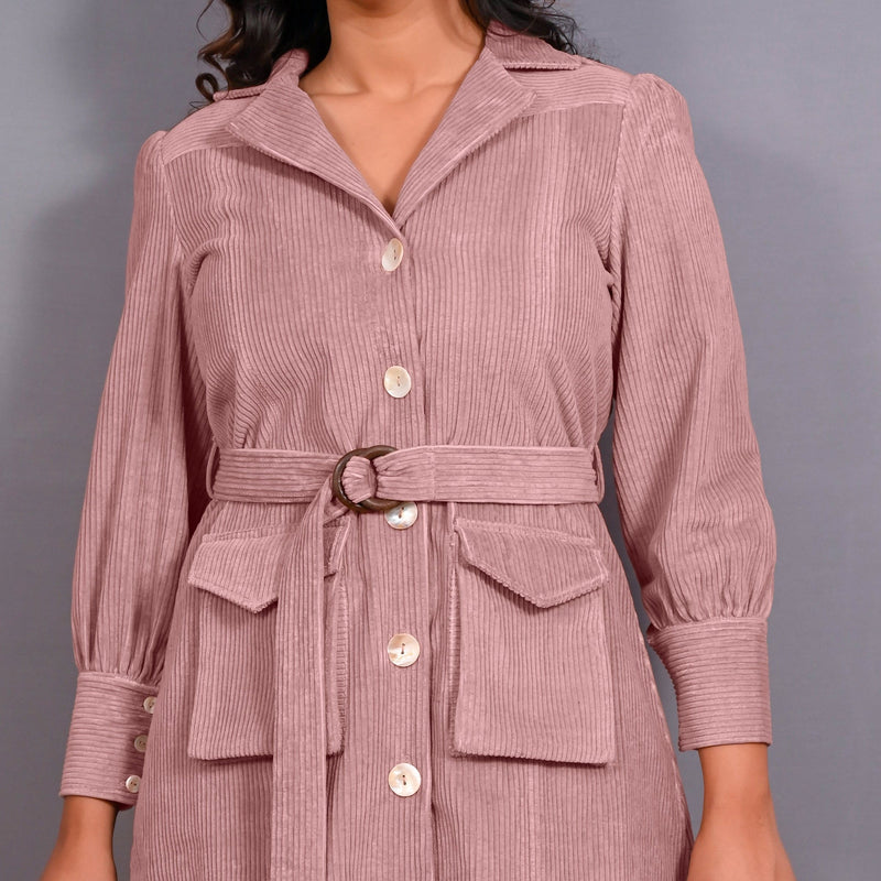 Front Detail of a Model wearing Convertible Mauve Warm Cotton Corduroy Button-Down Overlay Dress