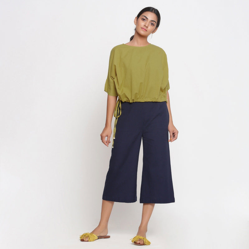 Front View of a Model wearing Cool Green and Navy Blue Culottes Set