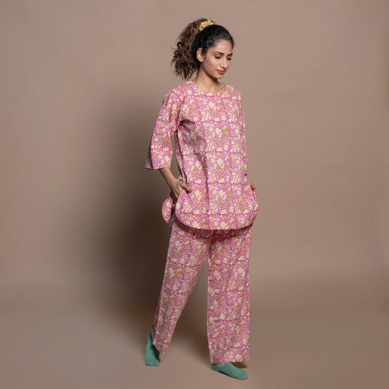 Sapphire Floral Cascade Block Printed Night suit